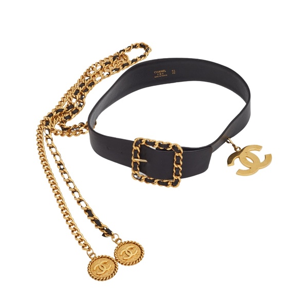CHANEL BLACK LEATHER GOLD MEDALLION CHARM LONG CHAIN DROP BELT 1992 (SIZE 65/26) - Picture 1 of 10